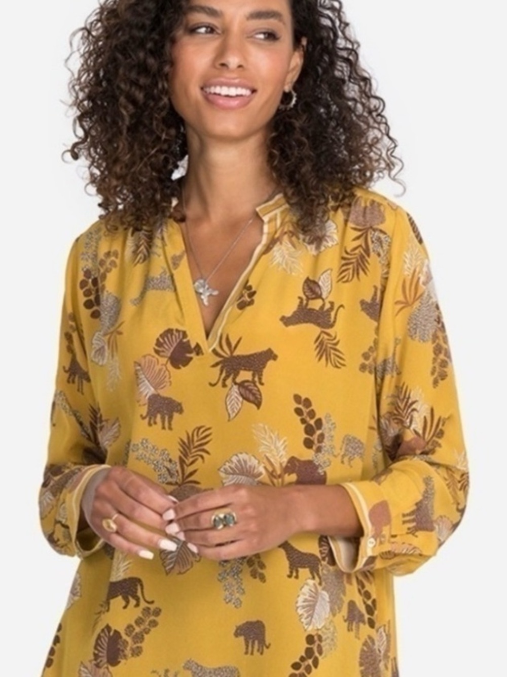 JOHNNY WAS TALY ASTRID TUNIC 100% Silk Safari Print Blouse in Mustard sz XL